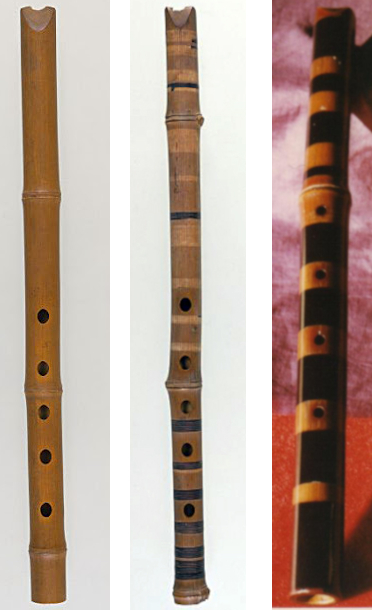 Left and Middle: Oldest shakuhachi in Japan, 8th c. 'above root' bamboo, Shoso-in, Nara. Right: Ikkyu Sojun's 'above root' shakuhachi, mid 1400's.