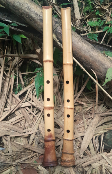 The Bell Shakuhachi next to a Mujitsu Shakuhachi by Ken LaCosse.