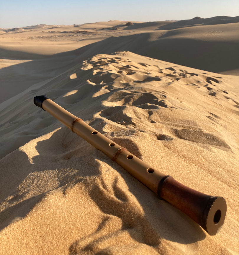 The Bell Shakuhachi in the Sahara Desert – photo by Robin Tamura ig @shakuhachijourney