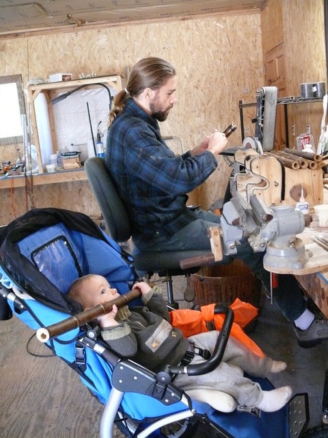 Jem Klein with his son Oak crafting shakuhachi for Monty Levenson, 2007