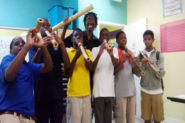 My student Johnny Bess with their students after a shakuhachi lesson