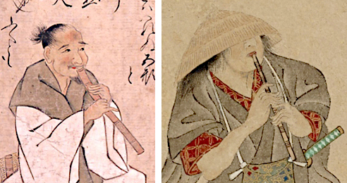 Left: 'Commoner' Komoso shakuhachi beggar monk
Right: Samurai turned Komoso shakuhachi monk with Katana sword, 16th and 17th c.