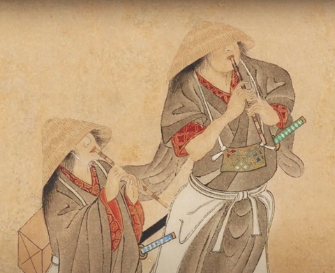 Ronin Samurai turned Komoso playing 'above root' shakuhachi
Kasa hari and Komuso zu 傘張り•虚無僧図 - by Iwasa Matabei, c. 1630